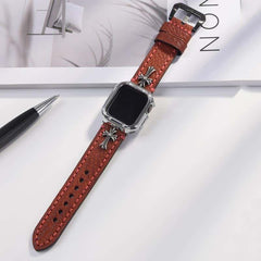 Litchi Grain Leather Strap with Cross Flower