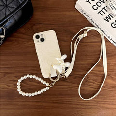 Camellia Flower and Puppy Pearl Charm Leather Crossbody Lanyard Phone Case for iPhone 11 Series