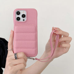 Down Jacket Wallet Card Holder Phone Case with Lanyard for iPhone 12 Series