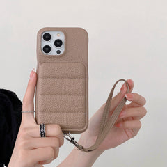 Down Jacket Wallet Card Holder Phone Case with Lanyard for iPhone 12 Series