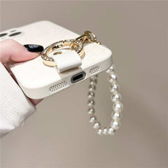 Camellia Flower and Puppy Pearl Charm Leather Crossbody Lanyard Phone Case for iPhone 11 Series